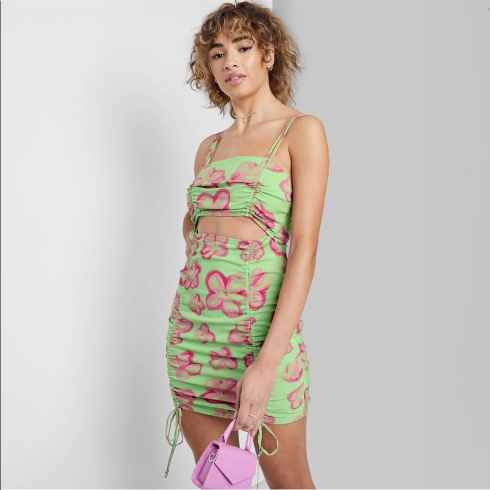Wild Fable Target Cut Out Ruched Front Bodycon Dress Green Pink